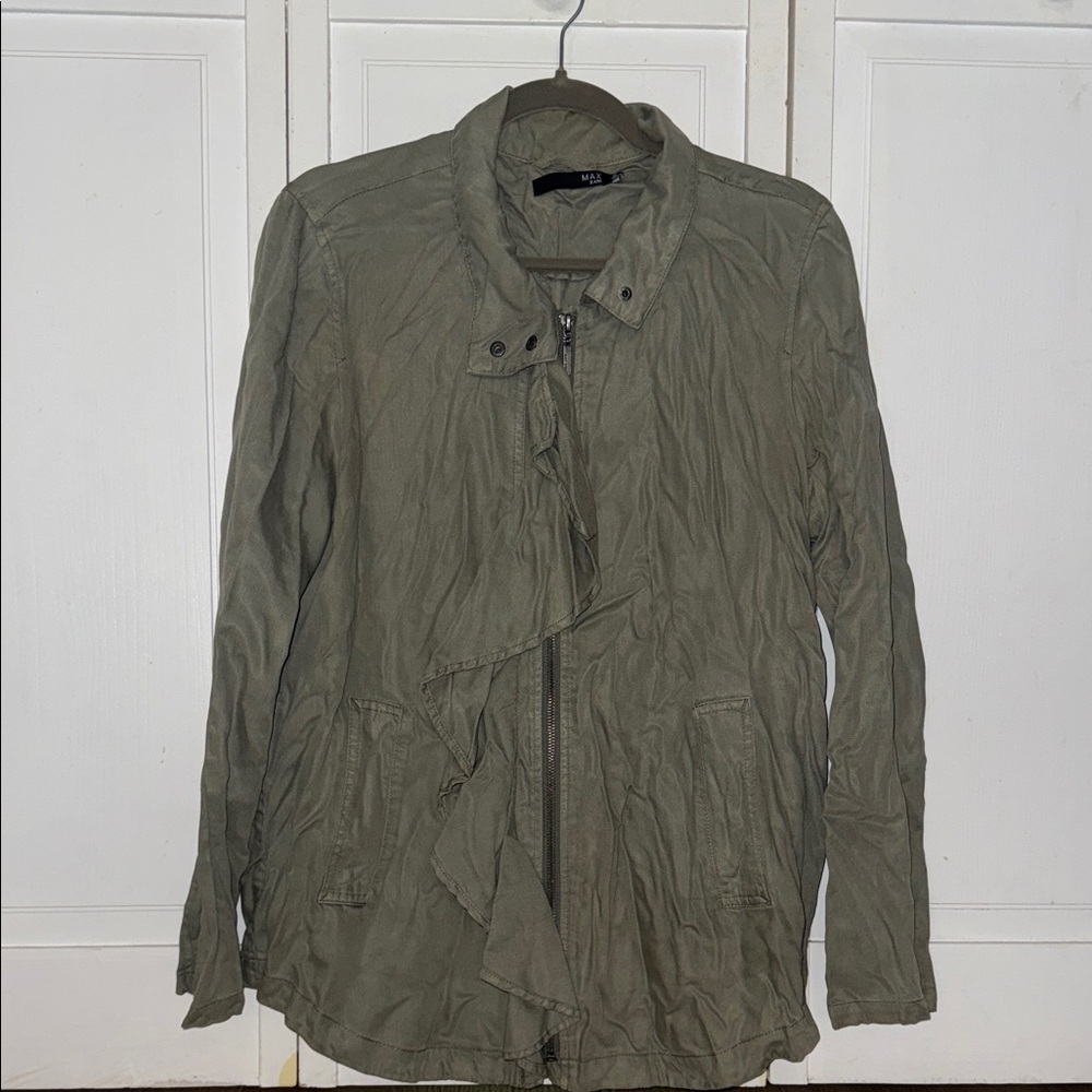 Max Jeans Olive Ruffle Front Zip Jacket Size M